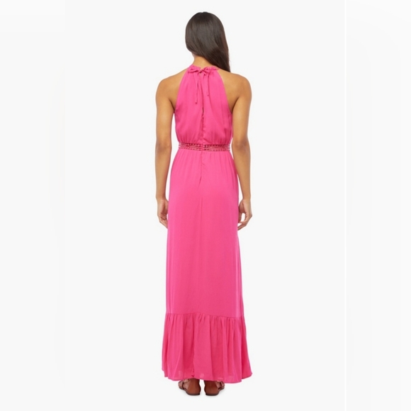 New JustFab Hot Pink Crochet Trim High Halter Sleeveless Maxi Dress - Picture 8 of 15